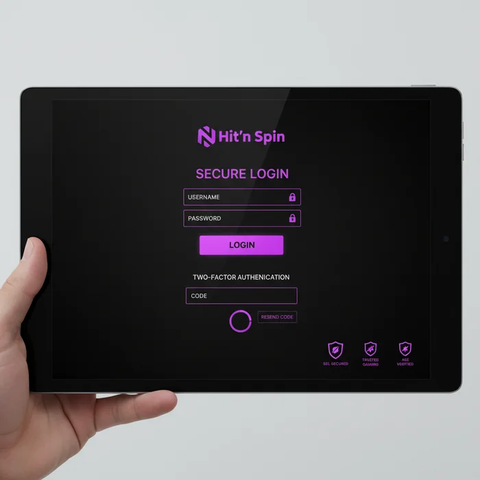 Hit'n Spin Anmeldebildschirm — E-Mail, Passwort und 2FA-Option